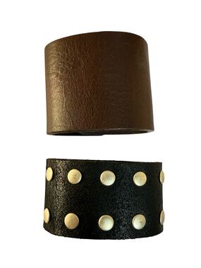 2 Leather Cuff Bracelets - Black Studded & Brown Plain